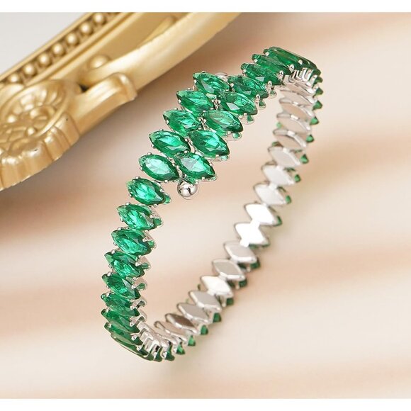 Green Cubic Zirconia Tennis Bracelets Open Adjustable Elastic Bangle for Women - Picture 3 of 7